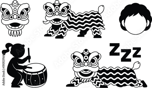 Chinese lion dance silhouettes illustration, lion head mask, performers in costume, crouching and standing poses, drummer, cultural heritage artwork, festival concept