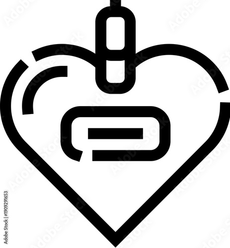 Heart outline enclosing a blood transfusion bag connected to an iv drip, minimalist line icon representing blood donation, medical care, healthcare support and charity