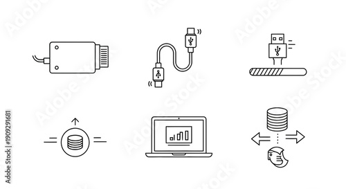 Data Transfer and Storage Icons: USB, Laptop, Database, Network