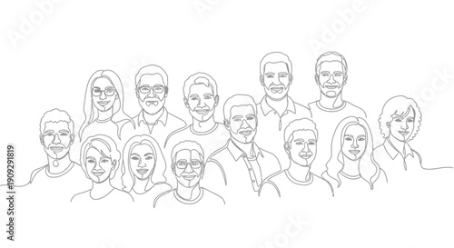 Diverse Group of People Line Art - Community, Teamwork, and Unity