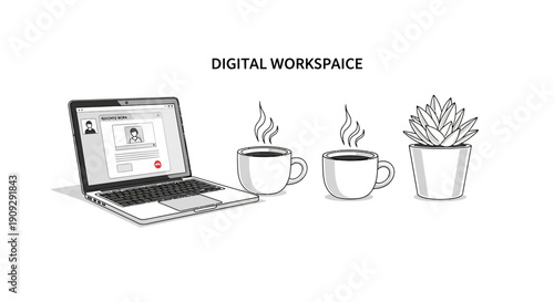 Digital Workspace: Laptop, Coffee Cups, and Potted Plant on White Background
