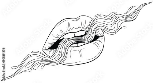 Woman's Lips with Flowing Hair Line Art - Beauty and Glamour