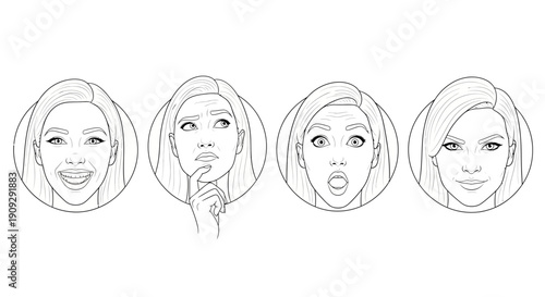 Diverse Female Emotions: Joy, Thought, Surprise, Confidence - Line Art Portraits