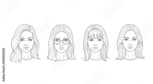 Diverse Female Faces Line Art: Hairstyles, Glasses, Bangs
