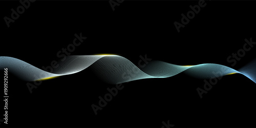 Abstract blue wave element for design. Digital frequency track equalizer. Stylized line art background. Colorful shiny wave with lines created using blend tool. Curved wavy line, smooth stripe. Vector