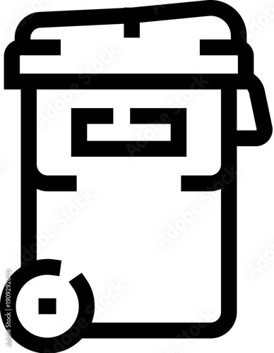 Garbage container with a hinged lid and wheels, designed for waste management and environmental cleanliness, representing recycling and refuse collection