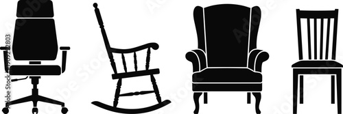 Chair silhouettes collection including office chair, rocking chair, armchair and wooden dining chair isolated on white background vector