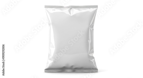 A plain white potato chip packet mockup isolated on white