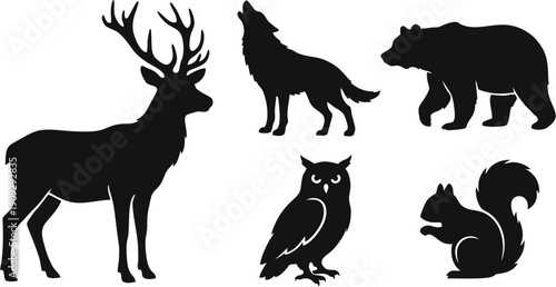 Woodland forest animal silhouettes set with deer wolf bear owl and squirrel minimalist black vector art on white background