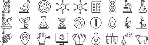 Biotechnology and Life Science Line Icons Set Featuring DNA, Genetics, Laboratory Research, Microscopy, Medical Analysis and Bioengineering Symbols in Outline Style