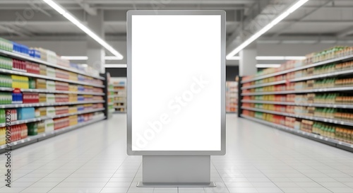 Blank white vertical billboard standing on corridor at super market Mockup