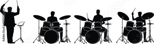 Conductor and drummers silhouettes illustration, percussion ensemble with drum kits, music stand, rhythm coordination, live performance icons, group percussion concept
