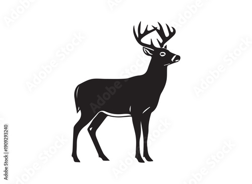 whitetail deer buck silhouette, black and white wild stag vector illustration
