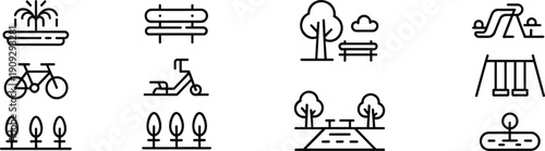 City Park and Outdoor Recreation Line Icons Set Featuring Playground, Bench, Fountain, Bicycle and Green Landscape Elements in Minimal Outline Style
