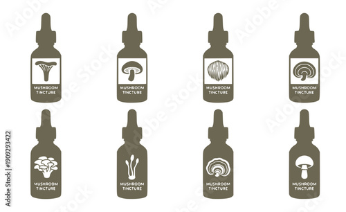 Mushroom Tincture Dropper Bottle Set - Black Herbal Extract and Liquid Supplement Silhouettes Isolated on White