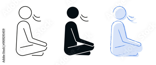 Mindful breathing icon set. Mental health and digital wellbeing concept. Line, solid color or black symbol for web and UI. Perfect for apps and digital platforms. Editable vector stroke illustration.