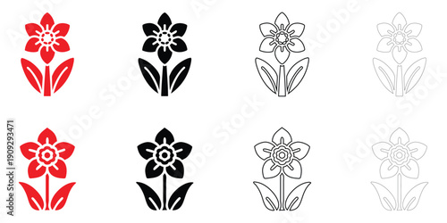 narcissus flower icon vector set, simple flower symbol vector silhouette and line art illustration