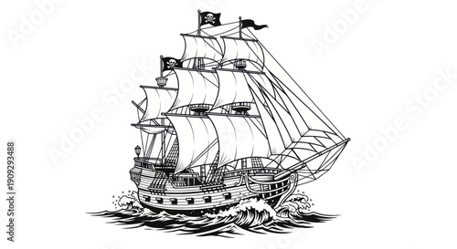 Pirate Ship Sailing on Wavy Sea with Jolly Roger Flags