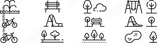 City Park and Playground Line Icons Set with Fountain, Benches, Bicycles, Slides, Swings, Trees and Pond in Minimal Outline Style