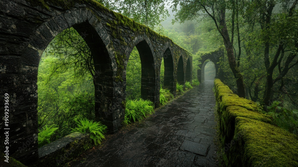 Obraz premium Ancient Monastery Stone Archway with Moss Covered Walls Surrounded by Lush Greenery in Fog