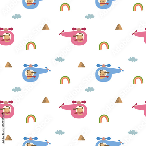 Dog in helicopter pink and blue cartoon so cute. On rainbow cloud mountain white background. Pattern seamless vector illustration. 