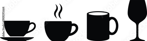 Cup and glass silhouettes set featuring coffee cup, tea mug and wine glass isolated on white background