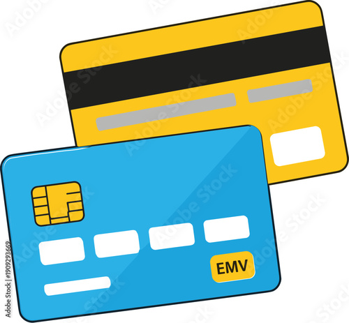 Credit and debit card illustration with EMV chip representing cashless payment, online banking, secure transaction, fintech services, and modern financial technology concept