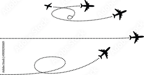Aviation And Flight Path Silhouette Set Featuring Airplane Dotted Lines, Air Travel Routes, International Navigation, Jet Plane Destination, And Logistics,