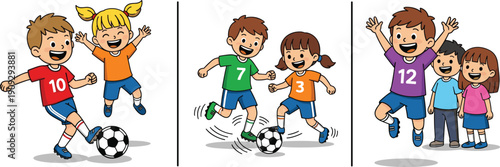 Happy kids playing soccer illustration showing children teamwork, friendly football match, celebration moments, and active sports fun in colorful cartoon style