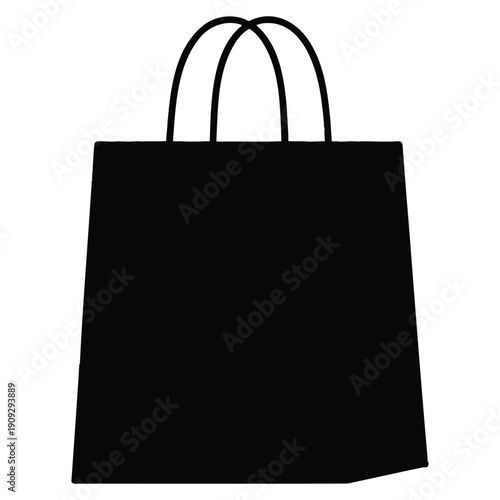 Black shopping bag with handles, simple silhouette, retail and commerce, isolated on white background