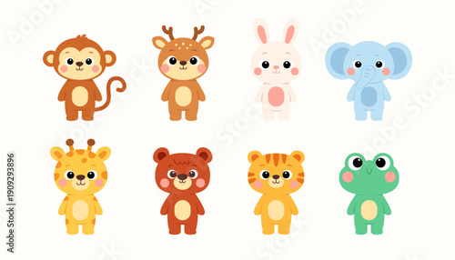 Cute Kawaii Animal Cartoon Set. Monkey, Deer, Rabbit, Elephant, Giraffe, Bear, Cat, Frog, Flat Vector Illustration