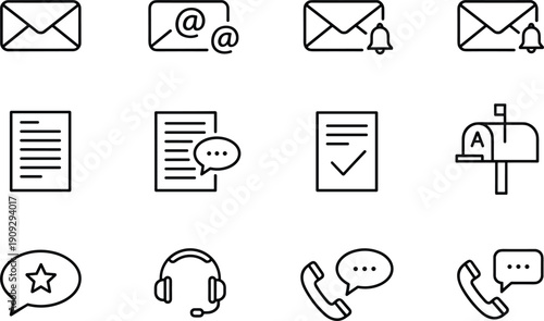 Minimal line communication and customer support icons set with email chat phone headset mailbox vector illustration