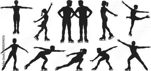 Figure skating silhouettes collection featuring male, female, and child ice skaters performing artistic poses, glides, and jumps isolated on white background for winter sports design use