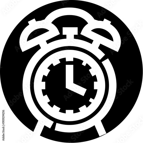 Round white alarm clock icon on black background, minimalist symbol for time management, deadlines, reminders, schedules, waking up, alerts and punctuality in digital interfaces
