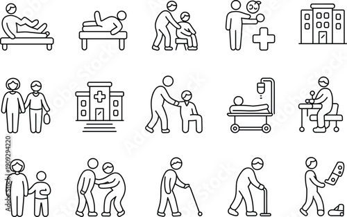 Healthcare and elderly care line icons set showing patients, caregivers, rehabilitation, hospital services, medical assistance, mobility support, and senior care concepts