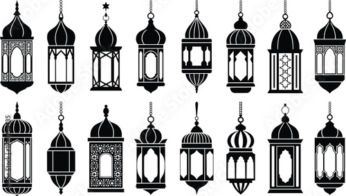 Black ornate Ramadan lantern silhouettes hanging ornaments for Eid Mubarak, Islamic decorative lamps, arabic vintage vector illustration collection set bundle