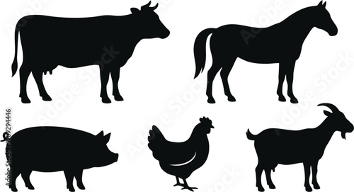 Domestic farm animal silhouettes collection including cow horse pig chicken and goat solid black vector icons on white background