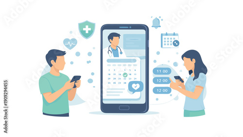 Telehealth appointment scheduling and online doctor booking in healthcare mobile app, flat vector illustration