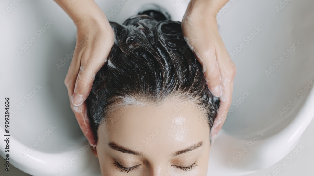 Naklejka premium Close-up of relaxing hair wash in a salon setting with gentle massage
