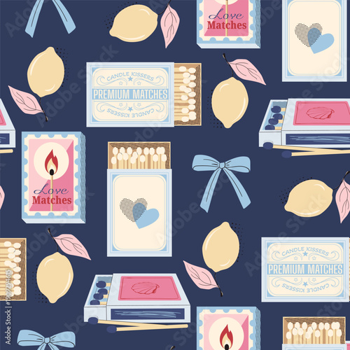 Seamless Pattern with Vintage Matchboxes and Romantic Love Matches, Coquette Aesthetic Background with Cherries and Bows for Valentine's Day, Retro Textile and Wrapping Paper Design