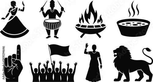 Cultural silhouettes illustration, traditional dancer, drummer with sticks, ceremonial fire, steaming food bowl, raised hand gesture, waving flag, lion symbol