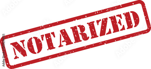 This image displays a rectangular red rubber stamp with the word NOTARIZED diagonally across a white background