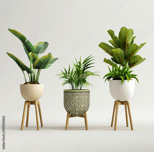 Modern Indoor Houseplants in Stylish Planters and Wooden Stands.