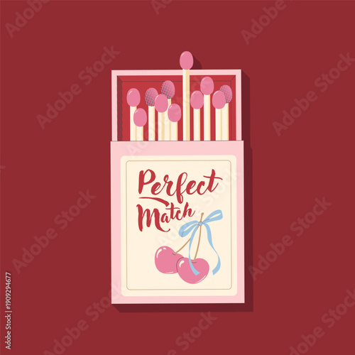 Matchbox illustration. Perfect match quote. Hand drawn vector lettering with a Love concept. Template for a card or wedding invintation.