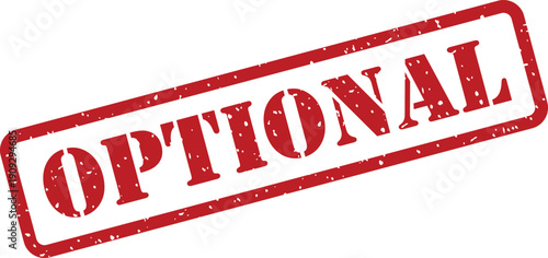 This image presents a rectangular red rubber stamp with the clear word OPTIONAL diagonally placed on a pristine white surface