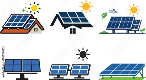 Clean energy icons: solar panels on houses, wind and sun illustration.