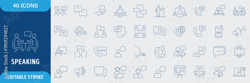 Speaking icon set. Communication icons collection. Containing discussion, speech bubble, talking, consultation, conversation, dialogue, chat, announcement, feedback, messaging. editable icon