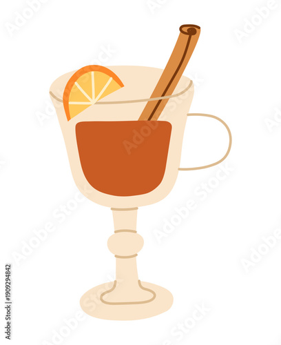 Hot mulled wine with cinnamon and orange in a glass. Cozy seasonal hot drink illustration. Hand drawn vector illustration.