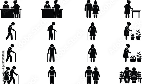 Elderly people silhouettes collection showing senior men and women walking with cane, sitting, gardening and daily activities icons