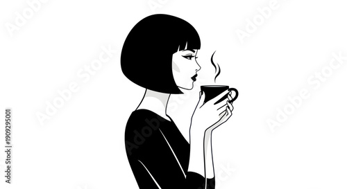 Stylish woman with bob haircut holding a hot coffee cup, black and white illustration